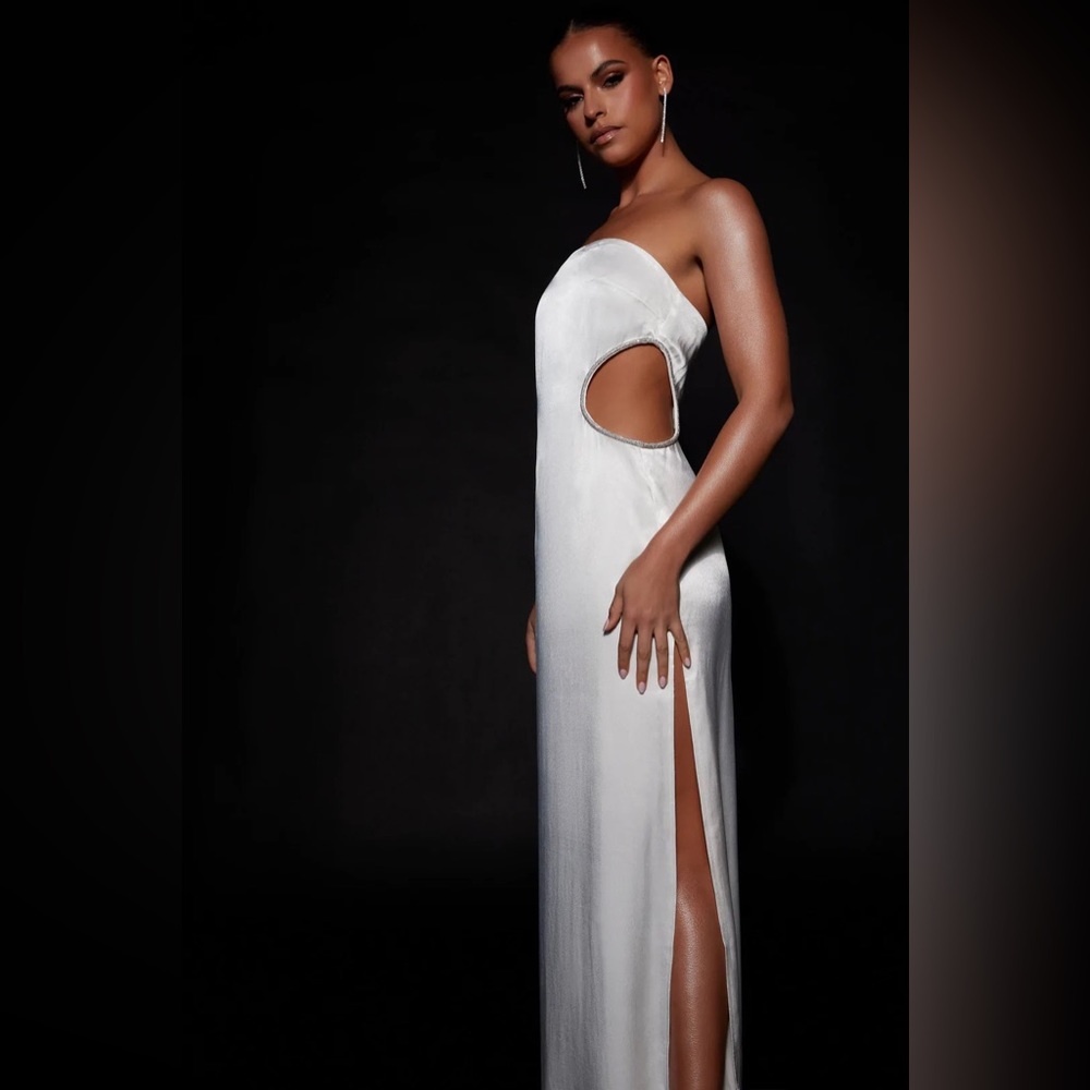 Meshki ivory strapless silk diamond trim dress